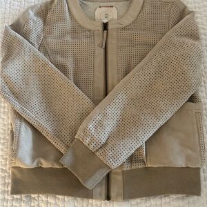 Anthropologie Beige Faux Suede Bomber Jacket.